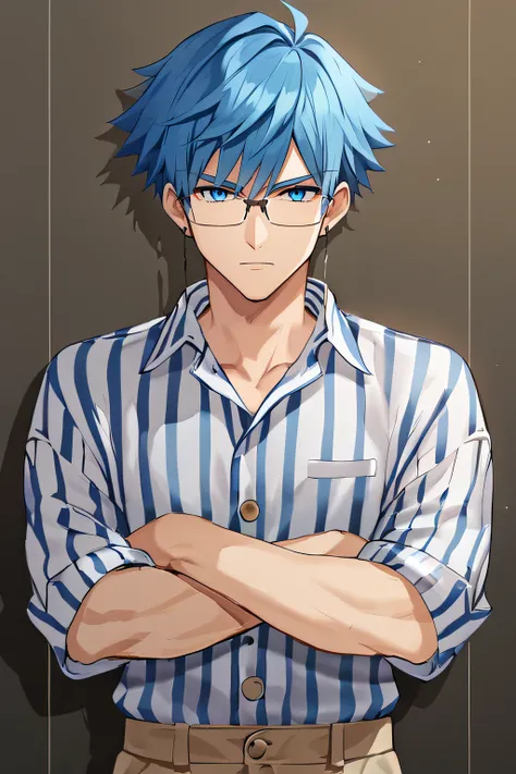 score_9, score_8_up, score_7_up, source_anime, rating_safe, intricate details, 1boy, solo, <lora:Hans_Christian_Andersen:1>, hans, blue eyes, blue hair, glasses, eyewear strap, thin, collared shirt, striped shirt, vertical stripes, beige pants, rolled-up s...