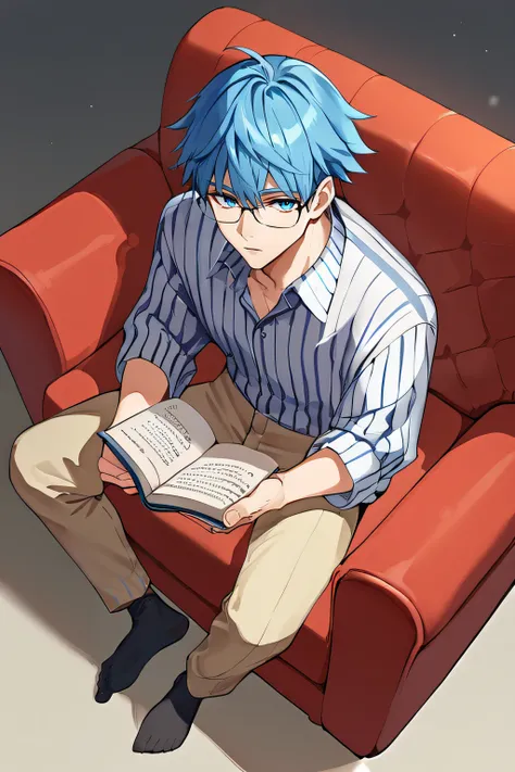 score_9, score_8_up, score_7_up, source_anime, rating_safe, intricate details, 1boy, solo, <lora:Hans_Christian_Andersen:1>, hans, blue eyes, blue hair, glasses, eyewear strap, thin, collared shirt, striped shirt, vertical stripes, beige pants, rolled-up s...