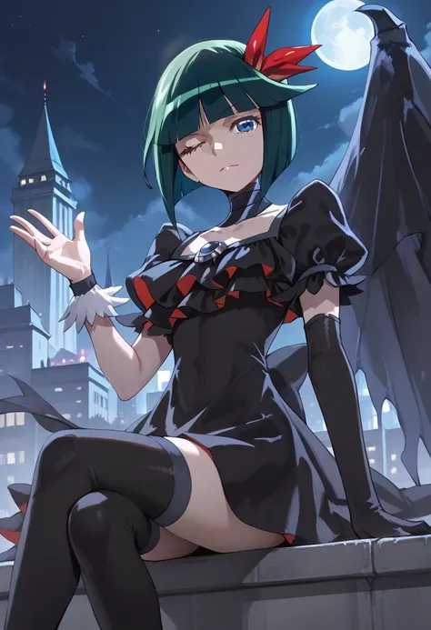 score_9, score_8_up, score_7_up,1 female,city view, 1 female,night view, moonlight,darkprecure, head accessory, green hair, short hair, one eyes closed,blue eyes, detailed eyes, right hand black long gloves, one winged,black dress , stocking ,single hand w...