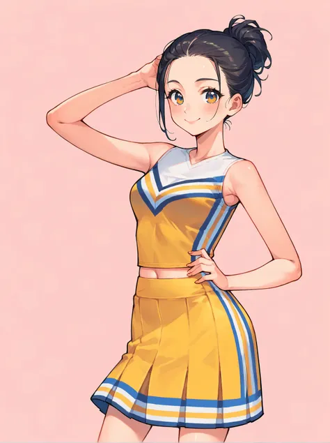 score_8_up, score_7_up, score_6_up, source_anime, 1girl, solo, simple background, pink background,
standing, pose, contrapposto, arched back, cowboy shot, facing viewer
happy, 
cheerleader , midriff
yellow shirt, yellow skirt <lora:Cheerleader_02:1>