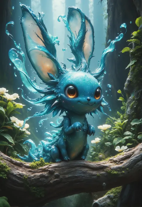 1 cute creature, with two ears, tentacles on both sides, glowing transparently, spirit of water, standing on a log in the forest, white flowers and moss, perfect sunlight, fantasy core, pokemon style, 