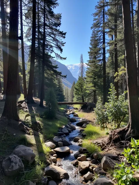 iphone photo, lush landscape, dense forest, tall pine trees, sunlight filtering through the canopy, casting dappled light on the...