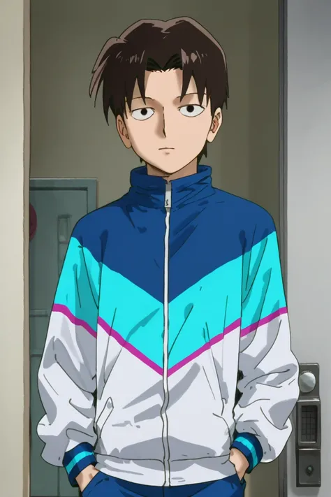 score_9,score_8_up, score_7_up, score_6_up,
takenaka momozo, brown hair, black eyes, 1boy, male focus, solo, jacket, upper body, looking at viewer, indoors, door, track jacket, hand in pocket, parody, blue jacket