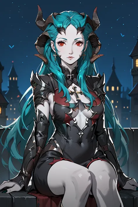 score_9, score_8_up, score_7_up, score_6_up
<lora:VVGirl:0.8>
VVGirl, demon horns, red eyes, long hair, aqua hair, gray skin, sitting cross-legged overlooking a night city during last light