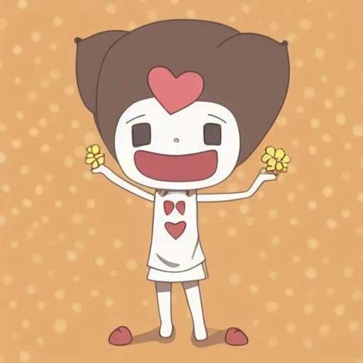 a mouth in the form of a dot, holds a small bouquet of flowers in his hand, the background is brown, arrow shaped eyes, her red mouth is wide open in a smile, sitting on the floor, legs apart, the background is pale yellow., posing, legs and arms outstretc...