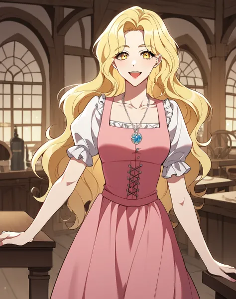 lena_princess, blonde hair, long hair, mossy hair, dress, jewelry, yellow eyes, necklace, puffy sleeves, short sleeves, pink dress, pendant, puffy short sleeves,  elegant clothes, manhwa  BREAK  indoors, medieval, tavern, BREAK looking at viewer, sexy face...