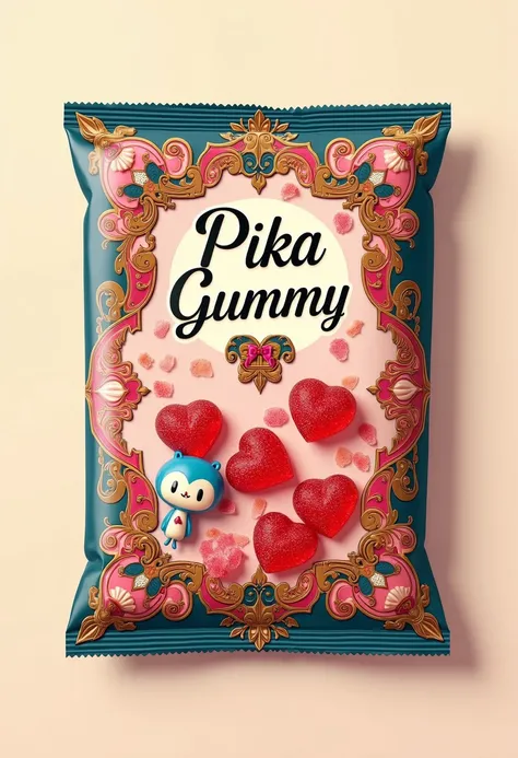 Intricate candy packaging design featuring (art deco:1.3) and (art nouveau:1.3) flourishes, Logo in Cursive font "Pika Gummy",  adorned with (whimsical:1.2) characters inspired by 1990s anime. Emphasize (vibrant colors:1.2), (elegant patterns:1.3), and (pl...