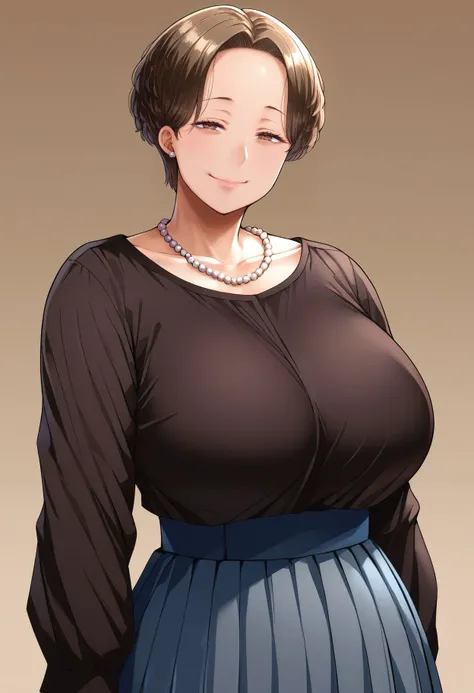 score_9,score_8_up,score_7_up, <lora:ijiise_style_pdxl_goofy:1>1girl, mature female, huge breasts, jewelry, pleated skirt, wedding ring, pearl necklace, brown hair, smile, short hair, looking at viewer, black shirt, brown eyes, standing, long sleeves, shir...