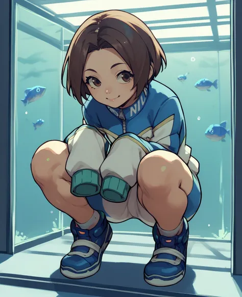 score_9,score_8_up,score_7_up,score_6_up,
urikoxl,brown short hair,brown eyes,smiling,
blue track jacket,sleeves past wrists,white bike shorts,
solo, squatting, 
in a large aquarium,large glass windows,
<lora:Urikoxl:0.9>,