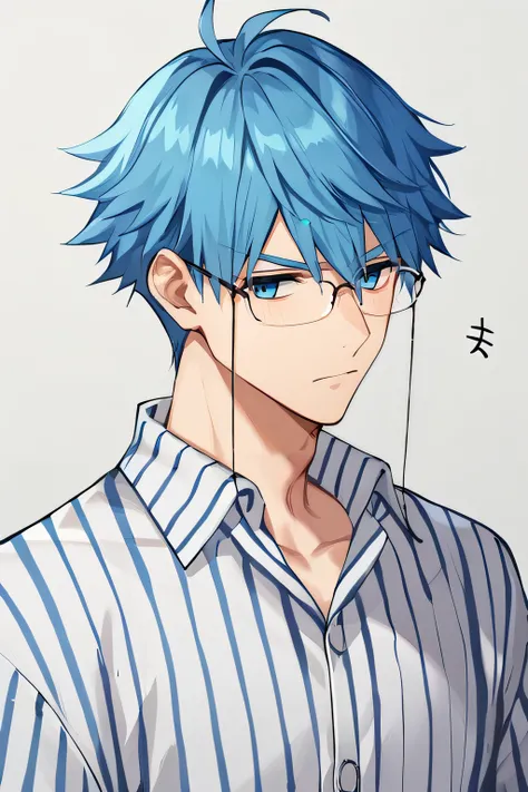 score_9, score_8_up, score_7_up, source_anime, rating_safe, intricate details, 1boy, solo, <lora:Hans_Christian_Andersen:1>, hans, blue eyes, blue hair, glasses, eyewear strap, thin, collared shirt, striped shirt, vertical stripes, rolled-up sleeves, looki...