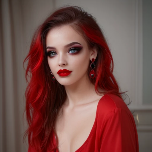 makeup, earrings, long hair, jewelry, small breasts, red lips, red hair, shirt, realistic, solo