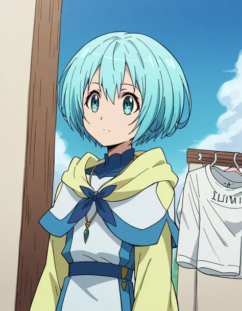 score_9, score_8_up, score_7_up, source_anime, <lora:lelei-ia-lalena-s1s2-ponyxl-lora-nochekaiser_r1:1>, lelei ia lalena, short hair, blue hair, aqua hair, hair between eyes, blue eyes,, dress, necklace, robe,, laundry day, clothesline, drying clothes, dom...