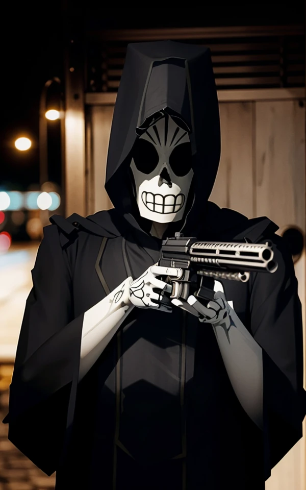 hires photo of <lora:Manny_Grimfandango-000026:1.0> simple grey background, m@nn1, grim reaper robes, hood, holding handgun, aiming at viewer, bokeh, Depth of Field, realistic, intricate details, high resolution, OverallDetail