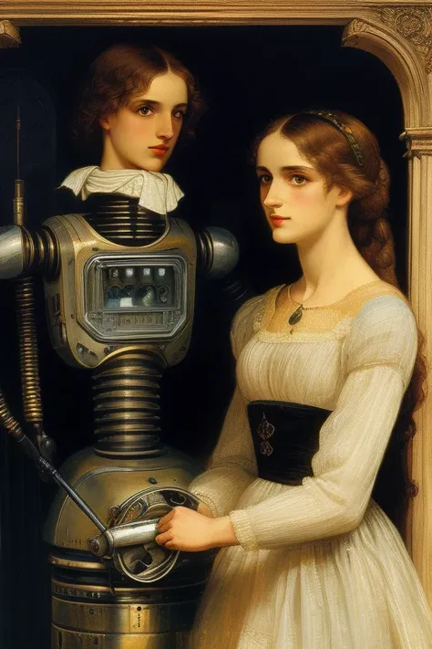 masterpiece,best quality,<lora:tbh427-:0.8>,illustration,style of Frederic William Burton portrait of Housework robots