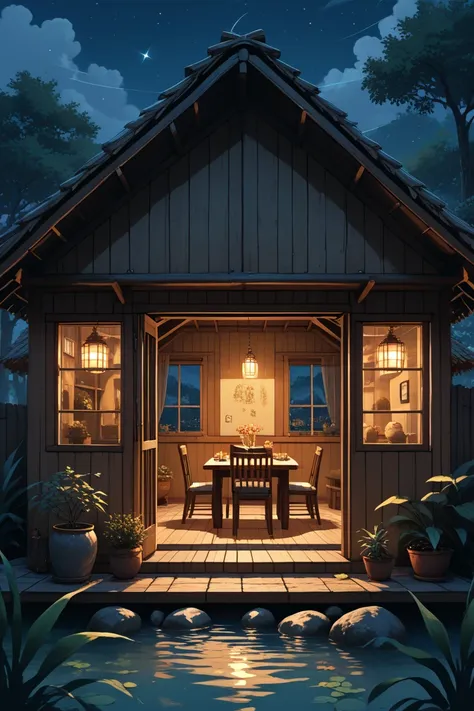 score_9, score_8_up, score_7_up, source_anime, rating_safe, night, natural lighting, straw hut focus, hut_tree, hut_clutter, hut_plant, hut_table, hut_chair, hut_door, hut_window, intricately detailed illustration, Candihut, wide shot, negative space, outd...