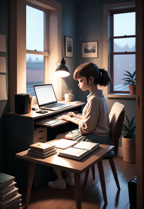 Cozy bedroom scene featuring a (lo-fi girl:1.3) style, with a (somber:1.2) atmosphere. Show a (homework desk:1.4) cluttered with a (laptop:1.3), (notebook:1.2), and scattered papers, illuminated by soft, warm light. Rain gently patters against the window, ...