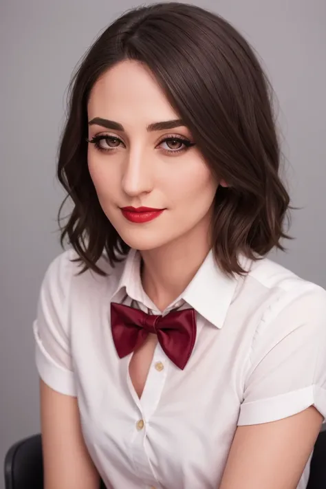 <lora:sarabareilles:0.6>, sarabareilles,  , ((red lipstick, blush, eyeliner, eye shadow)), ((masterpiece, best quality, extremely detailed, high resolution)), ((detailed eyes, detailed face):1.2), ,photo of a woman, RAW, close portrait photo, ((bowtie, shi...