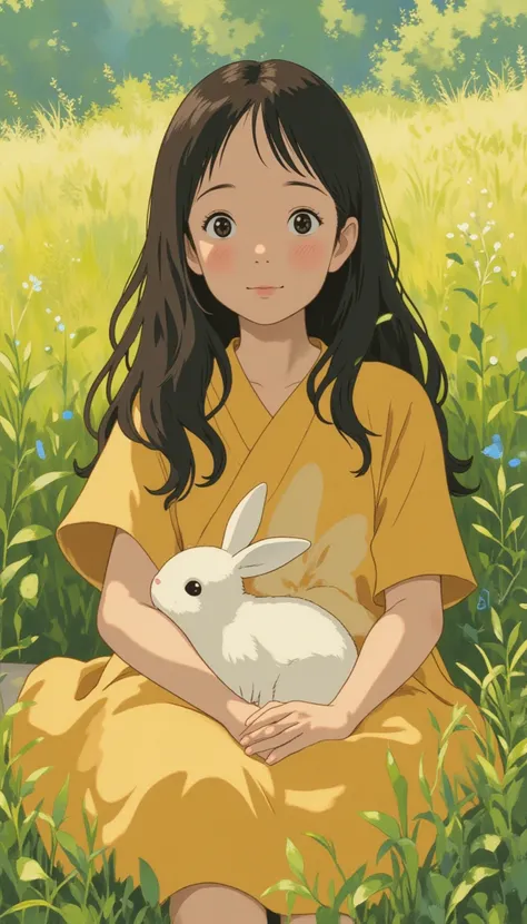 A cozy summer oil painting portrait of japanese girl with a cute bunny, style by Atey Ghailan, the air is warm and still, and the only sound is the gentle chirping of crickets, feel safe and loved, detailed eyes, perfect eyes, The scene is peaceful and nos...