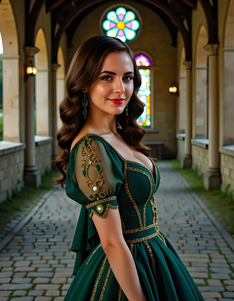 In a surreal, ethereal setting of an abandoned, moss-covered stone cathedral at twilight, the camera focuses on EMM1R, a woman with cascading brown hair and warm, expressive brown eyes adorned in a one-of-a-kind outfit reminiscent of a medieval queen. Her ...