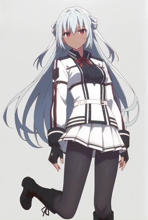 (white jacket white skirt black pantyhose fingerless gloves black boots:1.30), gg-kerlich, red eyes, grey hair, long hair, dark skin, medium breasts, 1girl, solo, skinny, score_9, score_8_up, score_8, score_7_up, score_7, score_6_up, score_6, score_5_up, s...