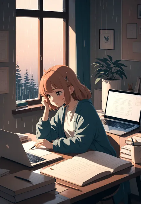 Cozy bedroom scene featuring a (lo-fi girl:1.3) style, with a (somber:1.2) atmosphere. Show a (homework desk:1.4) cluttered with a (laptop:1.3), (notebook:1.2), and scattered papers, illuminated by soft, warm light. Rain gently patters against the window, ...