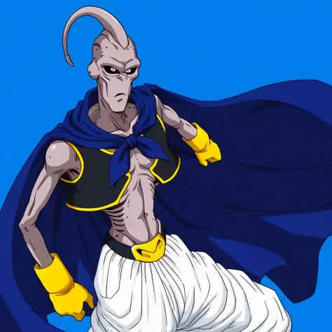 alien ears, blue background, black sclera, yellow gloves, m on belt, alien, harem pants, skinny, grey skin, black belt, white pants, colored skin, blue cape, old, white pupil, sleeveless top with yellow accents, male focus, solo