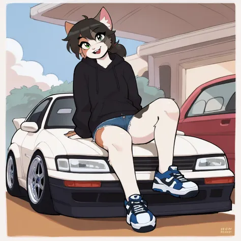 score_9_up, score_8_up, score_7_up, score_6_up, furry female, calliope kyatto, cat, calico cat, female, furry, ponytail, green eyes, dark hair, looking at viewer, hoodie, oversized hoodie, cutoffs, sneakers, solo, three-quarter view, slim, happy, head tilt...