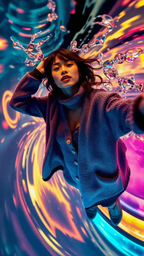 A photorealistic image capturing a serene scene of a woman in a cozy cardigan, her expression playful as she pretends to swim through the air, vibrant colors enhancing the dynamic background of swirling lights and abstract shapes. High-angle perspective sh...