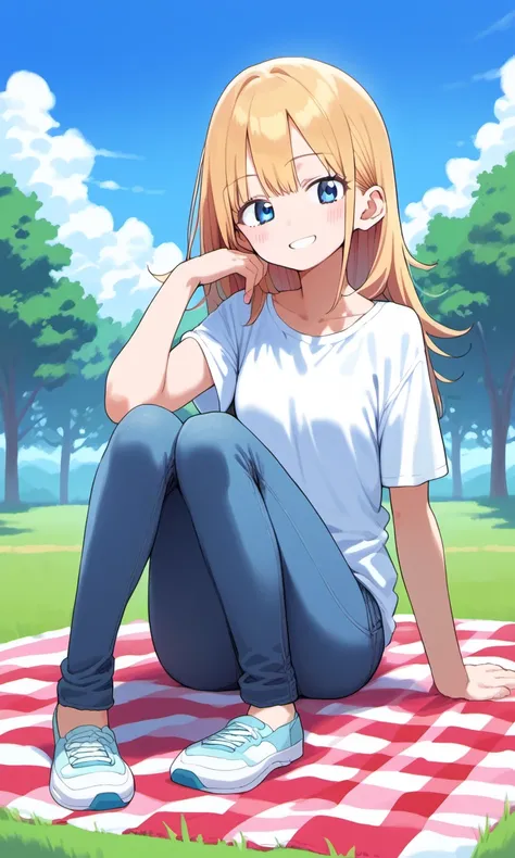 score_9, score_8_up,score_7_up, score_6_up,source_anime, 1girl, solo, sitting, picnic, blond, blue eyes, jeans, shirt, smile, looking at viewer, 30-yo woman, 