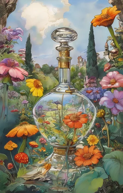 masterpiece,best quality,<lora:tbh435-sdxl:0.8>,illustration,style of Arthur Adams A bottle of perfume in garden