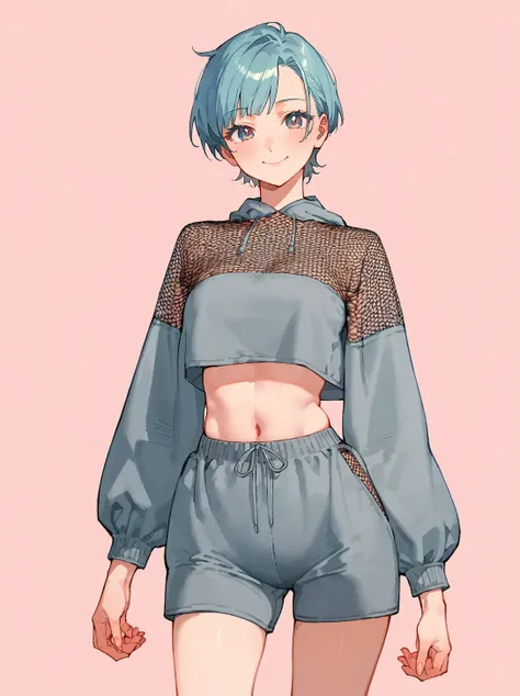 score_8_up, score_7_up, score_6_up, source_anime, 1girl, solo, simple background, pink background,
standing, pose, contrapposto, arched back, cowboy shot, facing viewer
smile, 
<lora:sportswear01:1>
hoodie, shorts