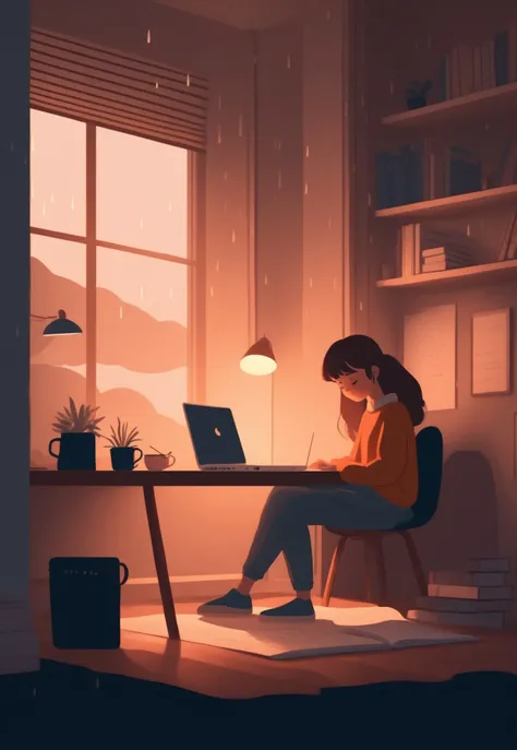 Cozy bedroom scene featuring a (lo-fi girl:1.3) style, with a (somber:1.2) atmosphere. Show a (homework desk:1.4) cluttered with a (laptop:1.3), (notebook:1.2), and scattered papers, illuminated by soft, warm light. Rain gently patters against the window, ...