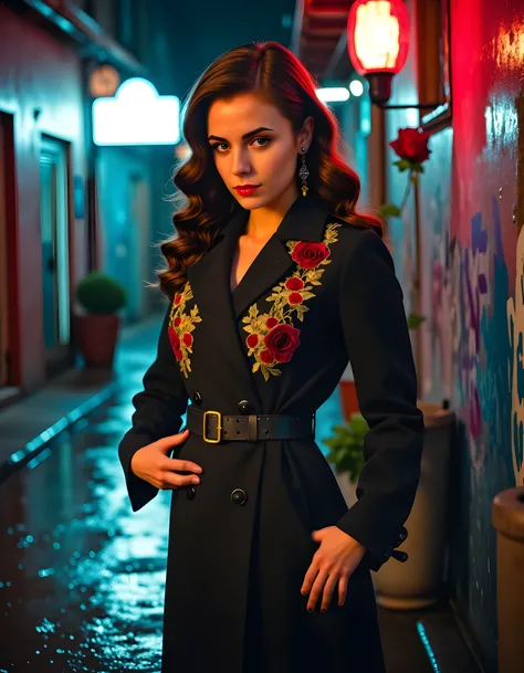 In a gritty, neo-noir setting, EMM1R, a woman with striking brown eyes and long, wavy brown hair cascading down her shoulders, adorned in a vintage 1940s-inspired trench coat with intricate embroidery and a red rose pinned to the lapel, wears a pair of sta...