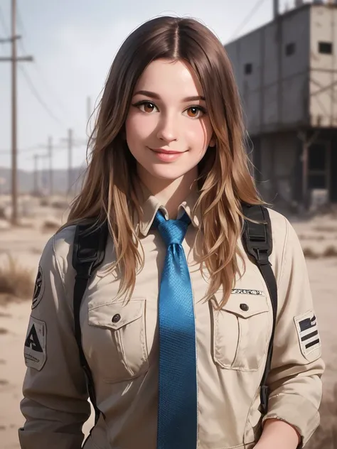 <lora:MCS4r4h_pdxl_v10:0.8>, MCS4r4h, 1girl, solo, looking at viewer, smile, brown hair, long hair,   Tie-Dye Wide-Leg Jumpsuit, wasteland, masterpiece, best quality, highly detailed, score_9, score_8_up, score_8, semi-realistic, photorealistic, <lora:add-...