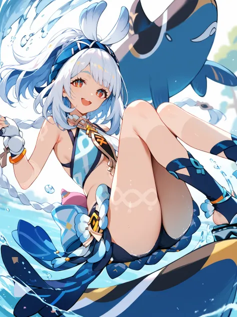 1girl, mualani (genshin impact), fingerless gloves, nail polish, crop top, bow hairband, sarong, sandals, stirrup legwear, waist bow, bodypaint, looking at viewer, smile, open mouth, full body, legs up, floating, midair, splashing, water, depth of field <l...