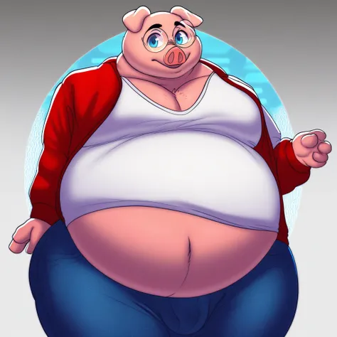 Overweight male, pig, solo focus, 1boy, furry, fully dressed, red jacket, white shirt, blue jeans, arcade background, big belly, large hips, large chest, blue eyes, round glasses, standing