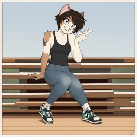 score_9_up, score_8_up, score_7_up, score_6_up, furry female, calliope kyatto, cat, calico cat, female, furry, short hair, green eyes, dark hair, looking at viewer, tank top, jeans, sneakers, gesture, solo, smile, happy, three-quarter view, slim, head tilt