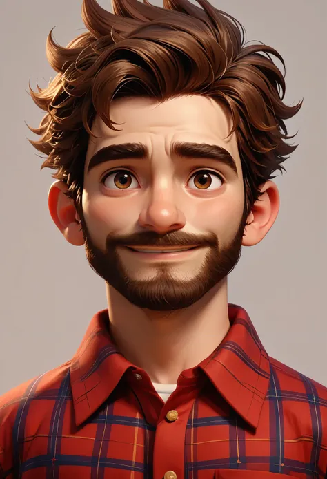 score_9,score_8_up,score_7_up,  <lora:3d_render_pdxl_goofy:1>3d render, 1boy, male focus, facial hair, beard, red shirt, looking at viewer, smile, short hair, brown hair, brown eyes, portrait, thick eyebrows,young male, grey background, plaid, simple backg...