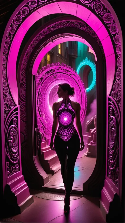 A woman in a Freds_Magenta archway, circles of intricate energy outline a portal to another world, sateampunk,