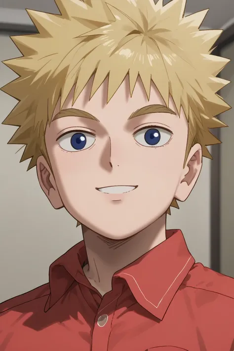 score_9,score_8_up, score_7_up, score_6_up,
hanazawa teruki, blonde hair, blue eyes, 1boy, male focus, looking at viewer, shirt, smile, solo, red shirt, spiked hair, collared shirt, upper body