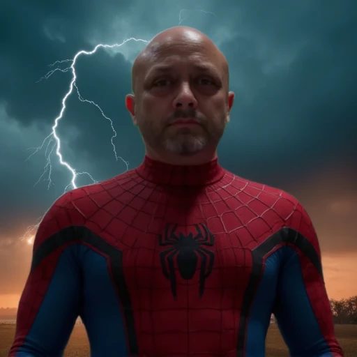 Bald, middle aged man "Loraylow71110", with a spiderman clothing in an epic storm scene