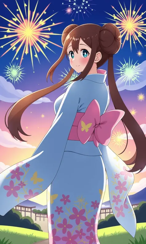 Rosa from Pokemon. She has long, dark brown hair styled in two large buns on the sides of her head, blue eyes and medium breasts.  Imagine a warm summer night during a traditional Japanese festival. Rosa stands atop a hill with a clear view of the sky, dre...