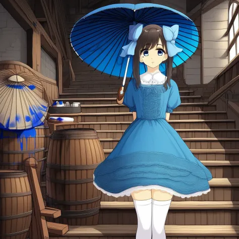 arms behind back, paintbrush, barrel, hair ribbon, blue dress, stairs, umbrella, white thighhighs, mole, holding fan