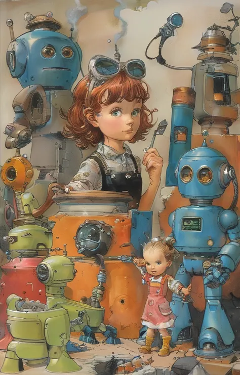 masterpiece,best quality,<lora:tbh435-sdxl:0.8>,illustration,style of Arthur Adams portrait of Housework robots