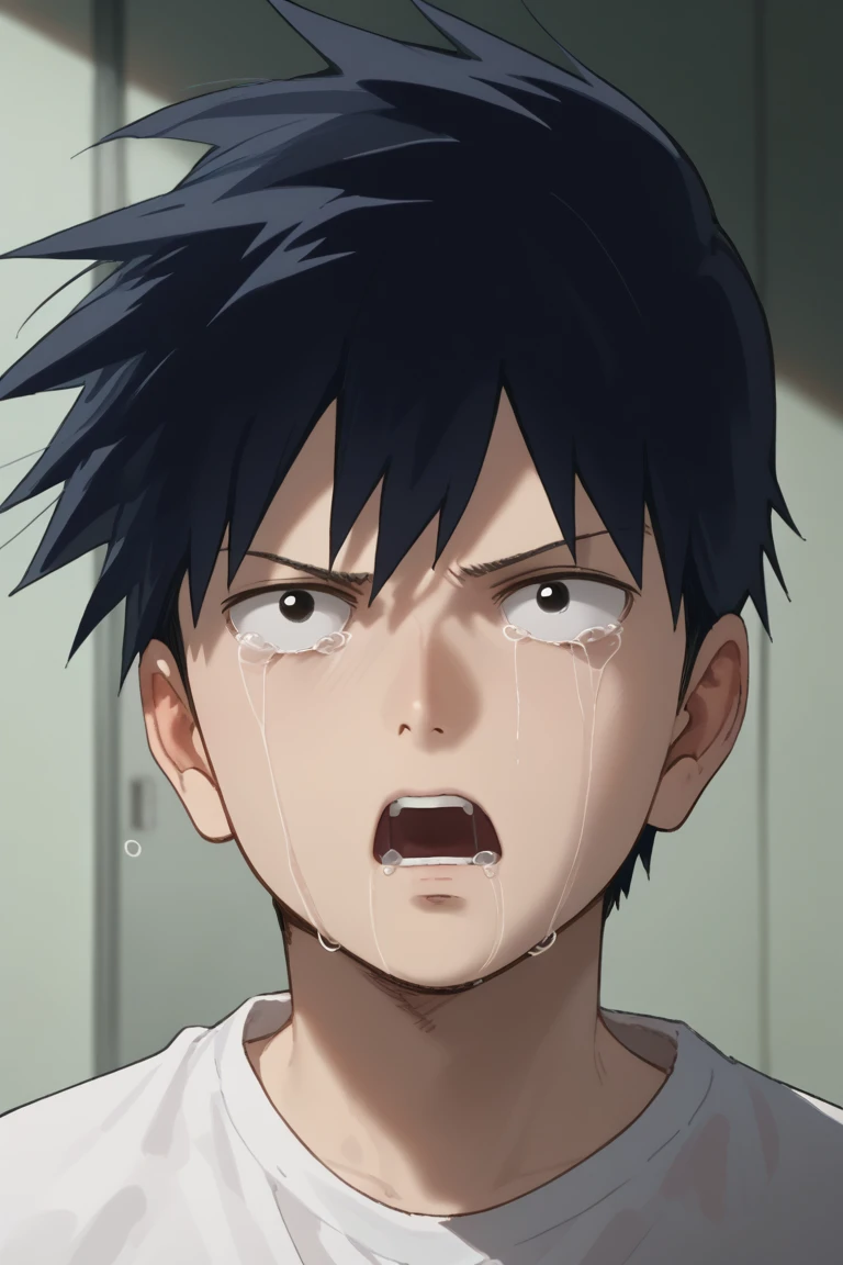 score_9,score_8_up, score_7_up, score_6_up,
ritsu kageyama, black hair, black eyes, official style, tears, 1boy, male focus, open mouth, crying, solo, shirt, crying with eyes open