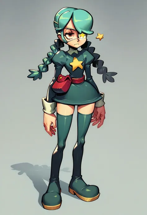 Score_9, Score_8_up, Score_7_up, Score_9, Score_8_up, Score_7_up, <lora: annie skullgirls>, 1girl, thighhighs, eyepatch, twin braids, thigh boots, braid, boots, solo, pouch, zettai ryouiki, green hair, star (symbol), belt pouch, green footwear,