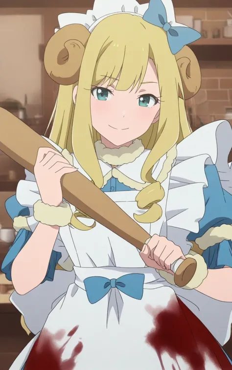 1girl,general,akibameidokaoruko,solo,
,blond hair,long hair,green eyes,aqua eyes, anime coloring, sheep horns,maid,maid apron, hair bow, blue bow,  maid headdress,  frills ,indoors,cafe,blood on clothes,seductive smile ,,close-up ,holding baseball bat,,loo...