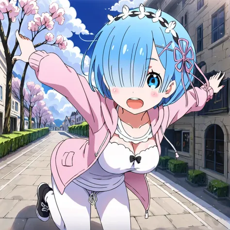 <lora:Rem:1>, rem, medium length sky blue hair that covers her right eye, large light blue eyes, has hair clips towards the left side of her hair, a flower-shaped ribbon on the same side of her hair, wears a baby blue hoodie, a pink cardigan, and 
 white j...