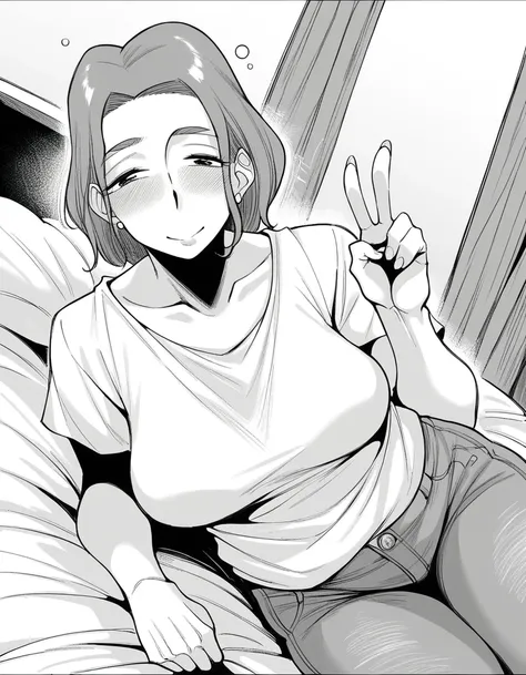 score_9, score_8_up, score_7_up, source_anime, <lora:ayako-hasegawa-manga-ponyxl-lora-nochekaiser:1>, ayako hasegawa, short hair, monochrome, greyscale, mature female, large breasts,, shirt, pants, denim, jeans,, indoors, bed, bed room, on side, blush, dru...