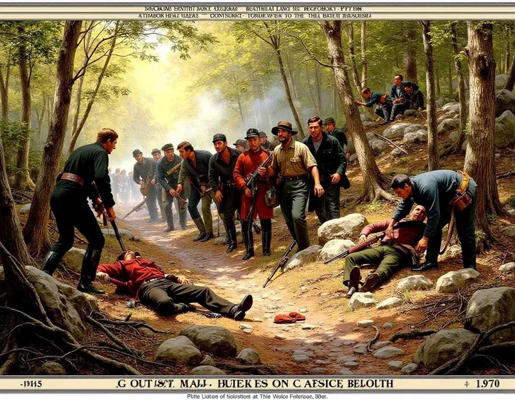 USA War a painting of a group of people in the woods,some of them holding guns and one person lying on the ground. There are trees and rocks in the background,and text at the top and bottom of the image.,
<lora:hand-drawn-war-1863:1>,